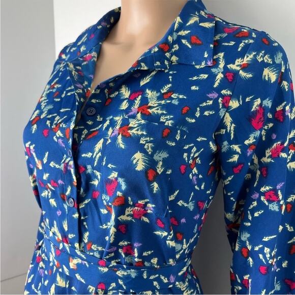 Aqua Long Sleeve Collared Multicolored Floral Print Short Shirt Dress - Picture 6 of 10